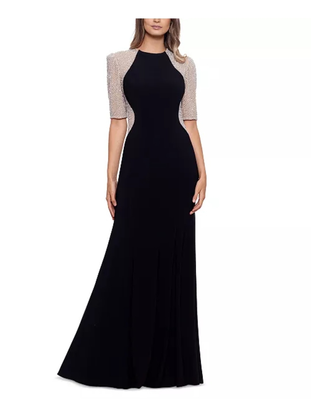 Elegant Black Evening Gown with Embellished Cream Sleeves